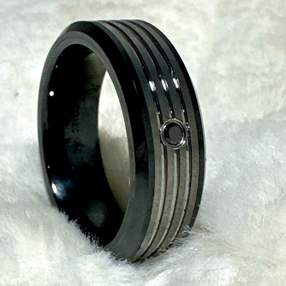 Men’s Ring Black Ceramic And Tungsten Comfort Fit With Black Diamond Size 12.5